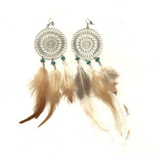 Silver Medallion Turquoise Long Feather Earrings